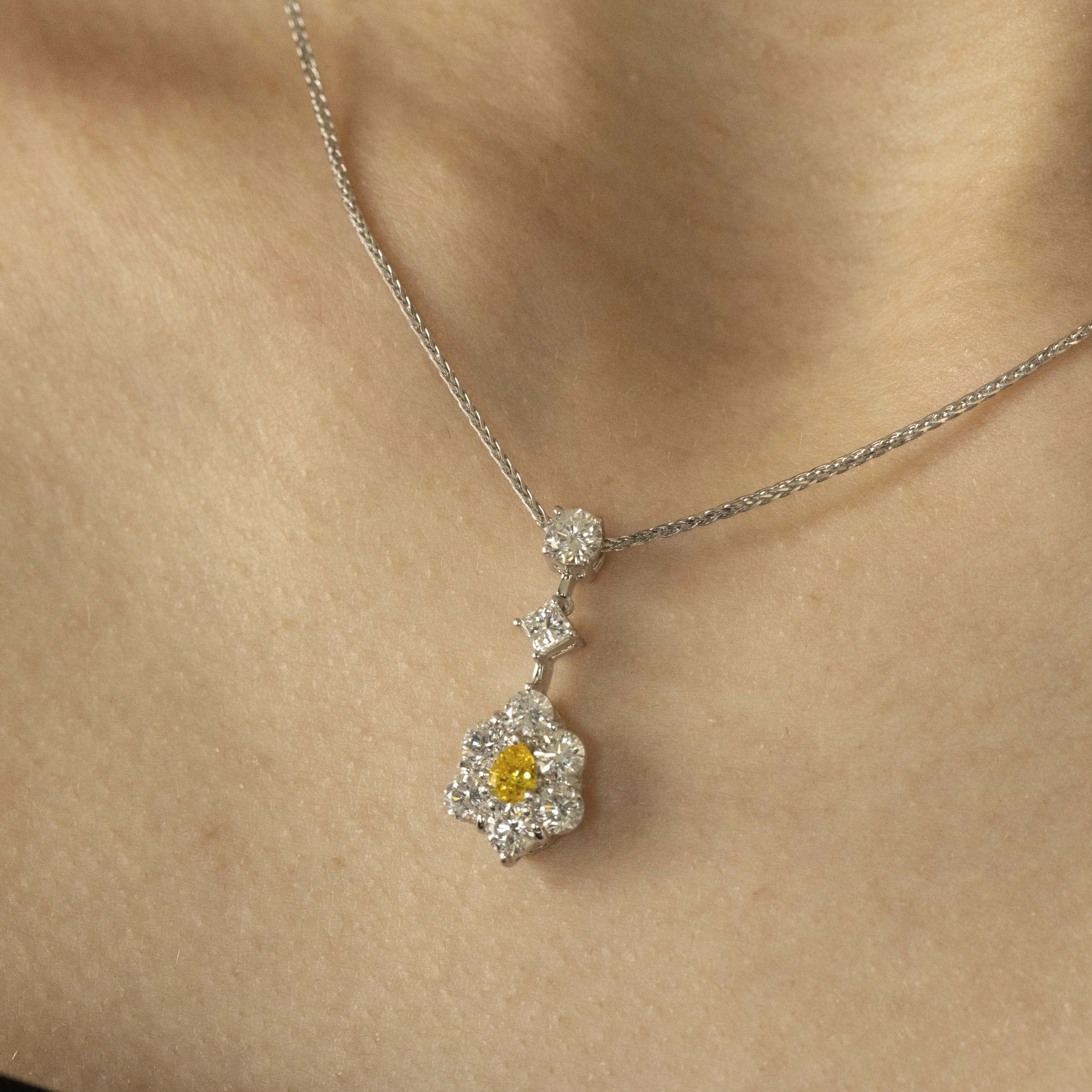 0.18 Carat Fancy Vivid Orangy Yellow Pear Diamond Necklace