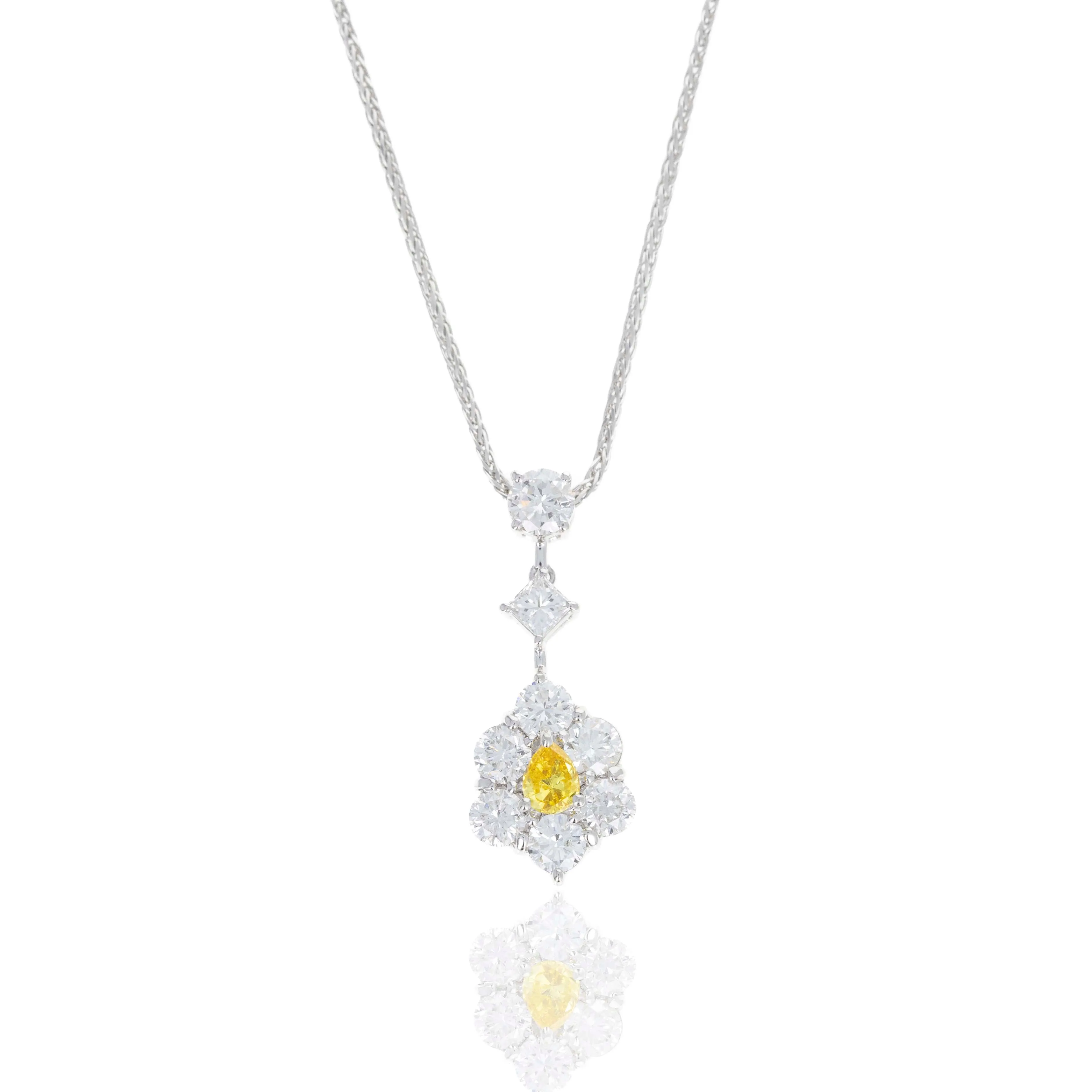 0.18 Carat Fancy Vivid Orangy Yellow Pear Diamond Necklace