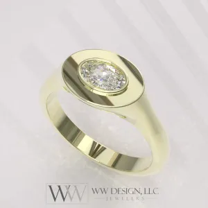 0.33 ctw East-West Sideways Oval Signet Diamond Ring - 14k, 18k (Yellow, White, Rose) Platinum