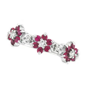 0.87 Carat Natural Diamond & Pink Sappire Flower Eternity Ring 14K White Gold