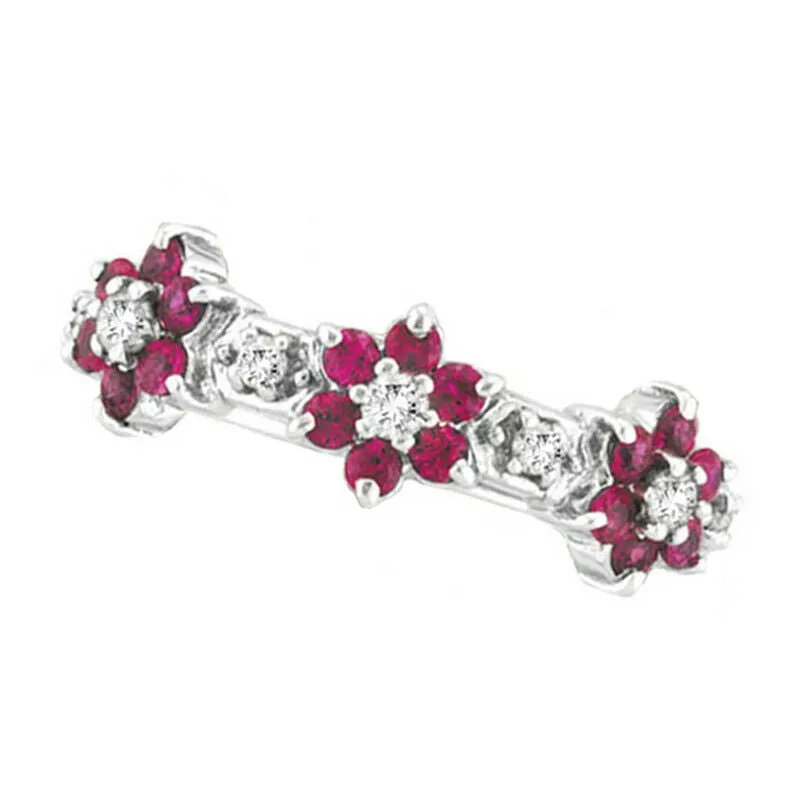 0.87 Carat Natural Diamond & Pink Sappire Flower Eternity Ring 14K White Gold