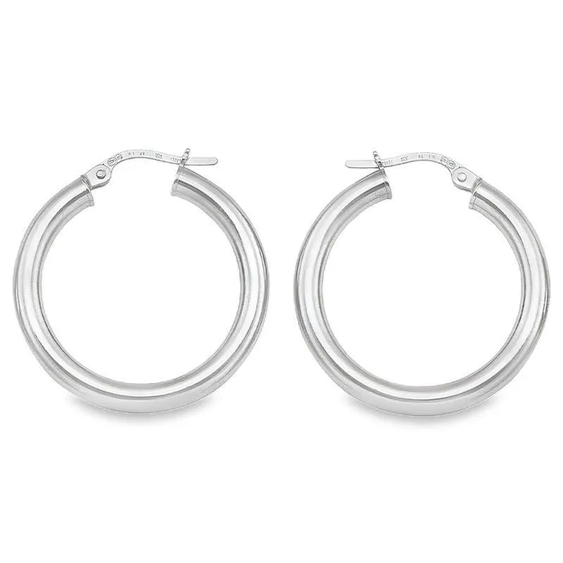 10K, 14K White Gold 3mm Tube High Polish Hoop Earrings