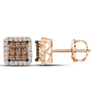 10K Rose Gold Princess Red Color Enhanced Diamond Square Cluster Earrings 3/4 Cttw