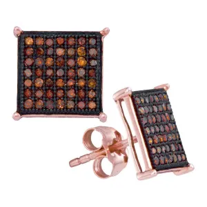 10K Rose Gold Round Red Color Enhanced Diamond Square Cluster Earrings 1/3 Cttw