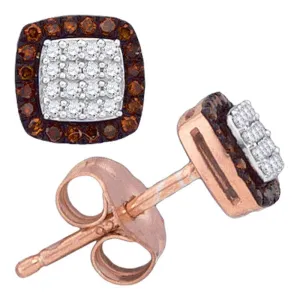 10K Rose Gold Round Red Color Enhanced Diamond Square Cluster Screwback Earrings 1/5 Cttw