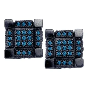 10K White Black-tone Gold Mens Round Blue Color Enhanced Diamond 3D Cube Square Cluster Earrings 1/3 Cttw