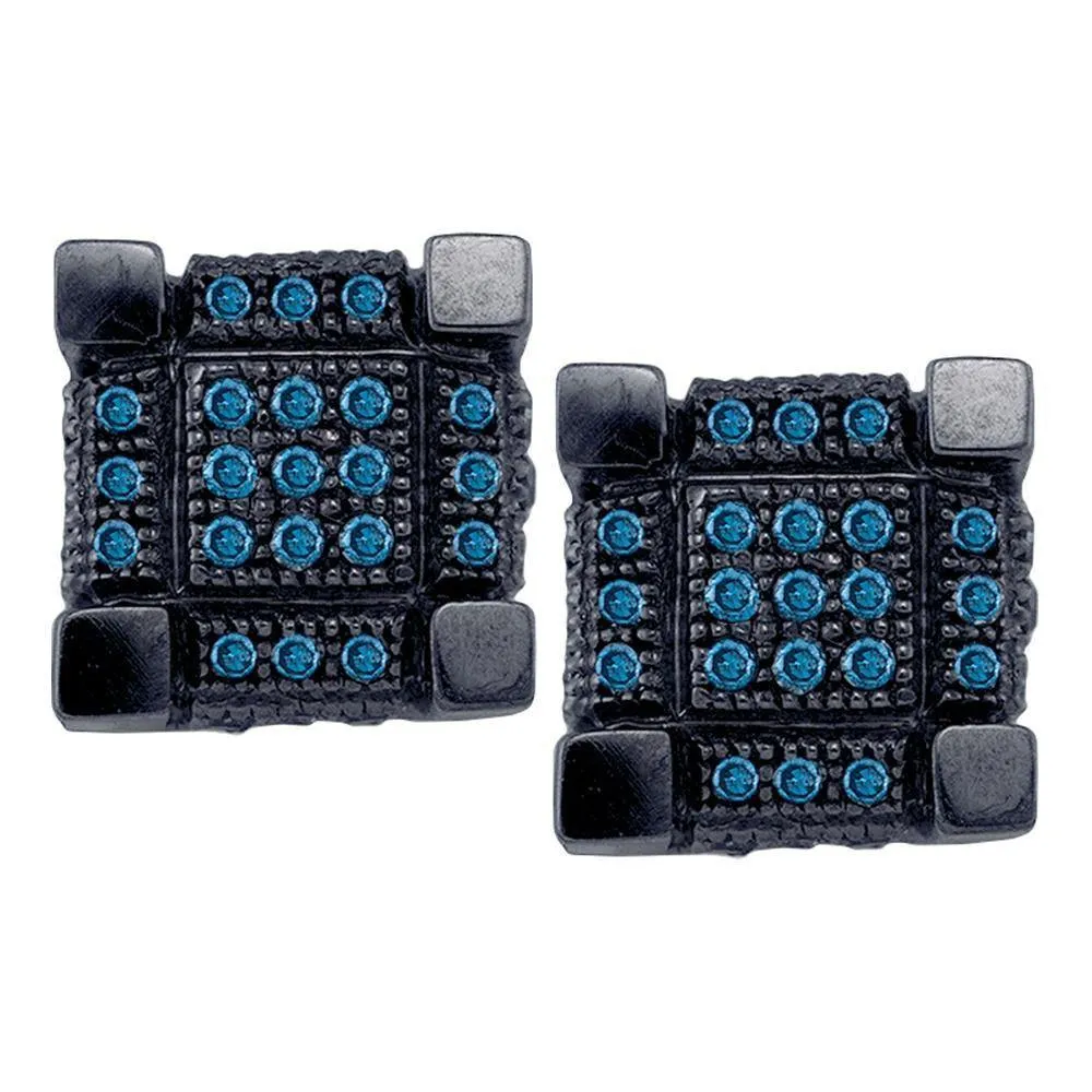 10K White Black-tone Gold Mens Round Blue Color Enhanced Diamond 3D Cube Square Cluster Earrings 1/3 Cttw