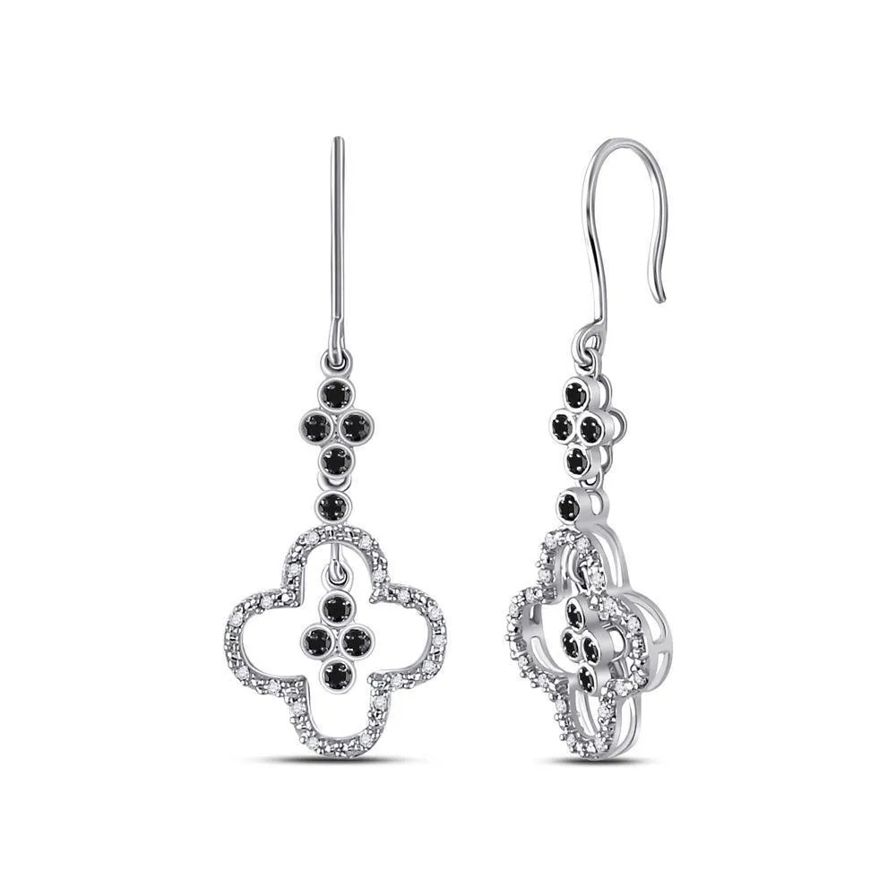 10k White Gold Black Color Enhanced Diamond Cluster Wire Dangle Ear-wire Earrings 1/8 Cttw
