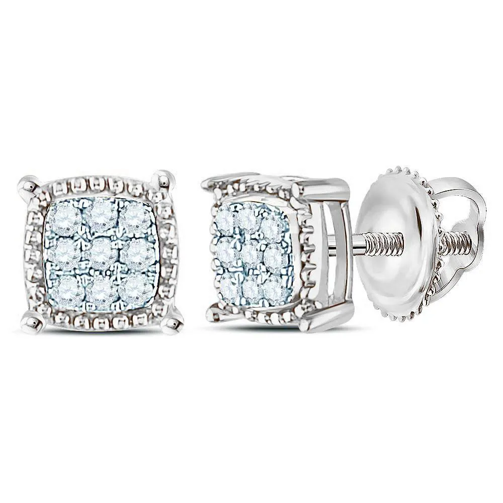 10K White Gold Mens Round Diamond Square Milgrain Cluster Earrings 1/10 Cttw