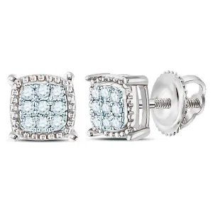 10K White Gold Mens Round Diamond Square Milgrain Cluster Earrings 1/10 Cttw