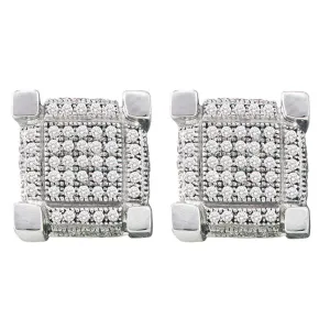10K White Gold Mens Round Pave-set Diamond 3D Cube Square Cluster Earrings 1/4 Cttw