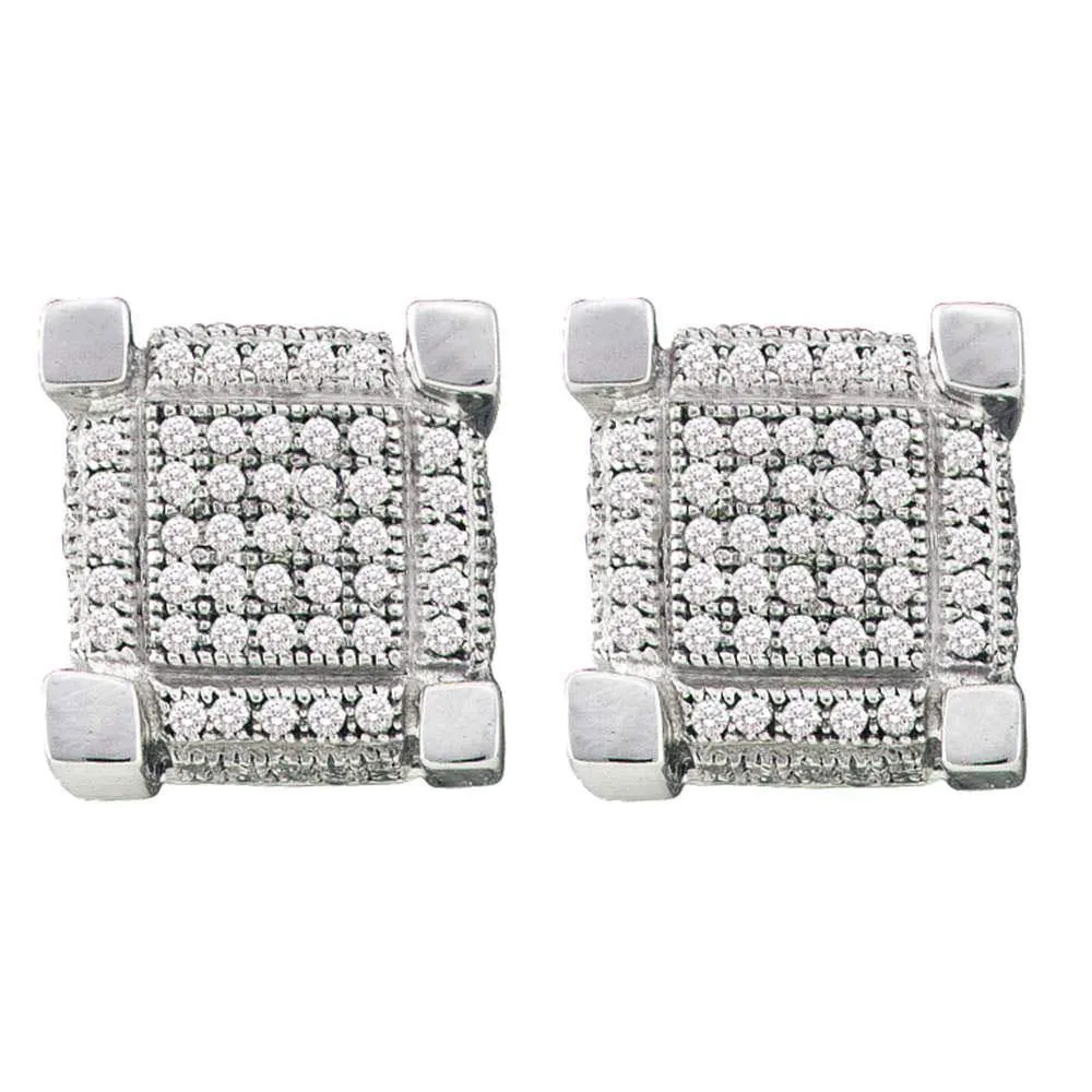 10K White Gold Mens Round Pave-set Diamond 3D Cube Square Cluster Earrings 1/4 Cttw