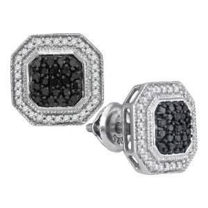 10K White Gold Round Black Color Enhanced Diamond Geometric Octagon Cluster Earrings 1/2 Cttw
