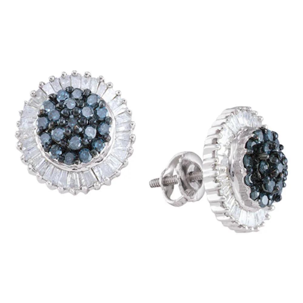 10K White Gold Round Blue Color Enhanced Diamond Cluster Earrings 1.00 Cttw