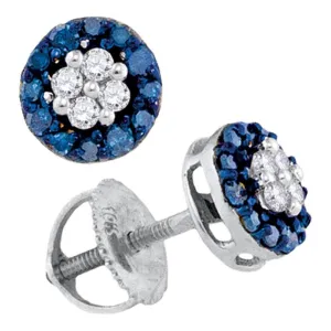 10K White Gold Round Blue Color Enhanced Diamond Cluster Screwback Earrings 1/3 Cttw