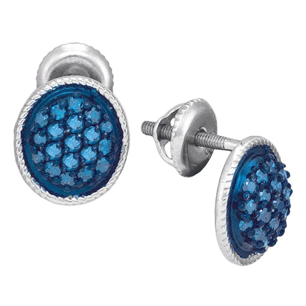 10K White Gold Round Blue Color Enhanced Diamond Oval Cluster Earrings 1/2 Cttw