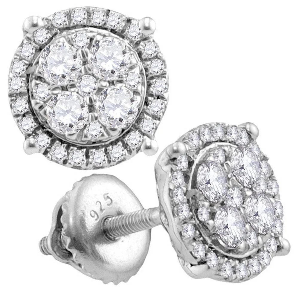 10K White Gold Round Diamond Circle Cluster Earrings 1/2 Cttw