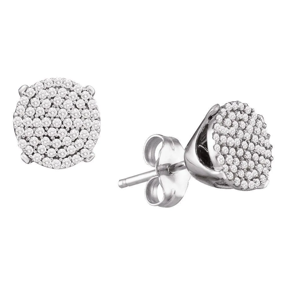 10K White Gold Round Diamond Circle Cluster Stud Earrings 1/3 Cttw