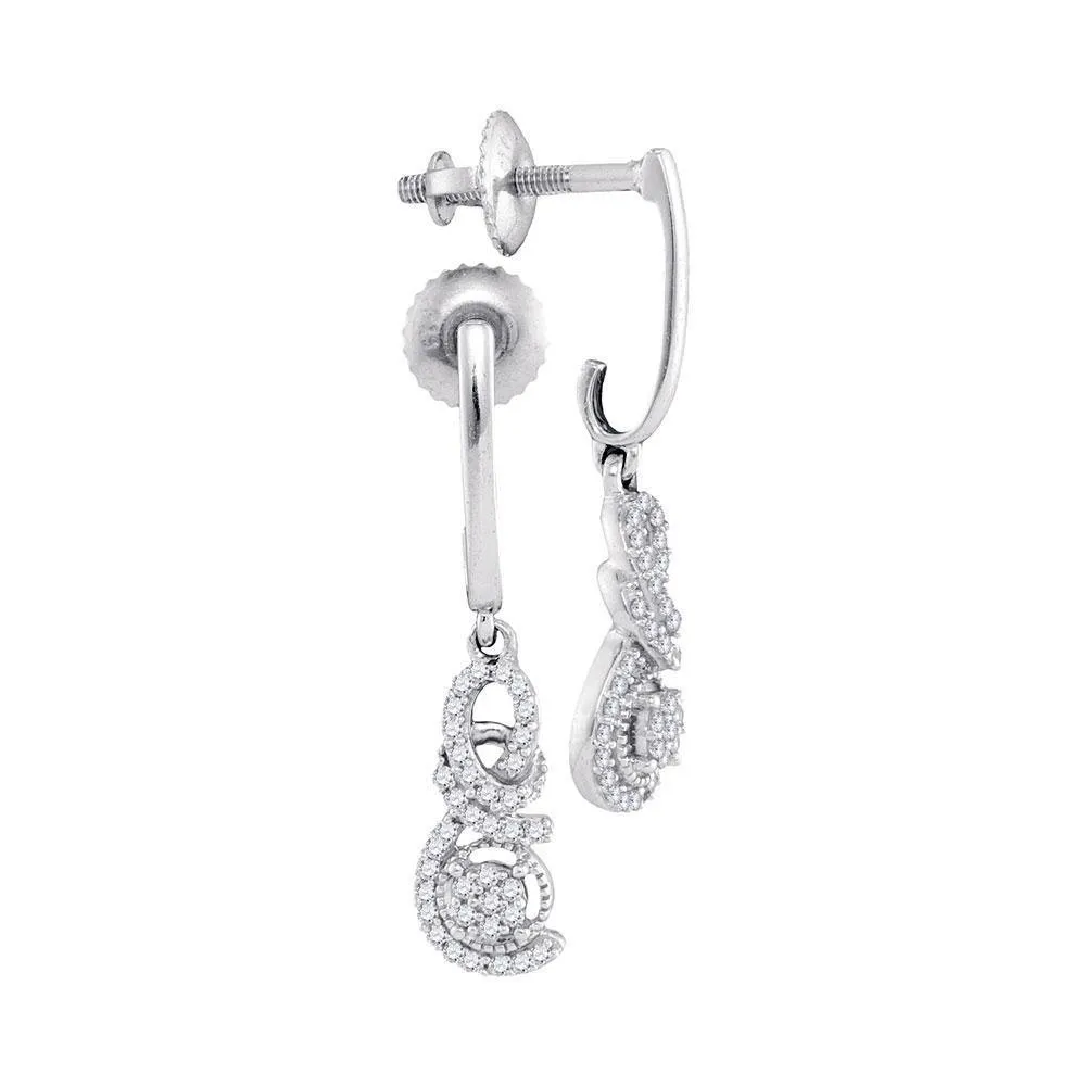10K White Gold Round Diamond Cluster Dangle Screwback Earrings 1/5 Cttw
