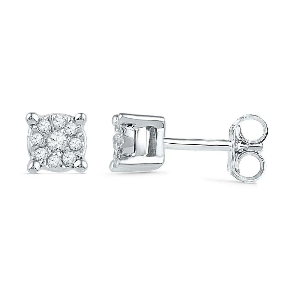 10K White Gold Round Diamond Cluster Earrings 1/10 Cttw