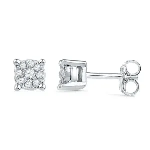 10K White Gold Round Diamond Cluster Earrings 1/10 Cttw