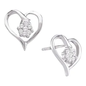 10K White Gold Round Diamond Cluster Heart Screwback Earrings 1/6 Cttw