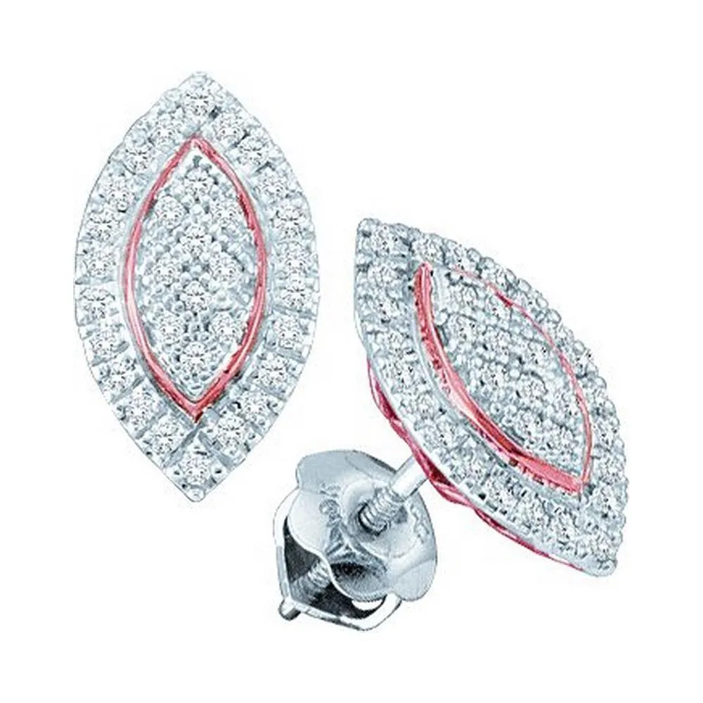 10K White Gold Round Diamond Cluster Oval Rose-tone Stud Earrings 1/5 Cttw