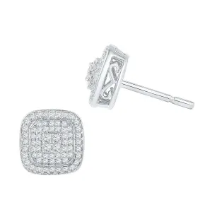 10K White Gold Round Diamond Cluster Square Screwback Earrings 5/8 Cttw