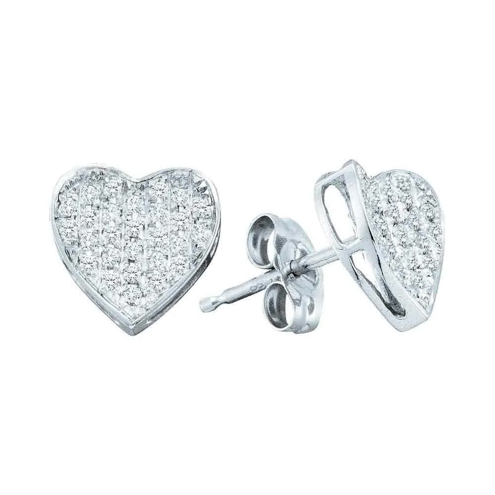 10K White Gold Round Diamond Concave Heart Cluster Stud Earrings 1/5 Cttw