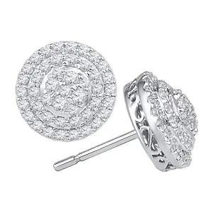 10K White Gold Round Diamond Concentric Circle Layered Cluster Earrings 3/4 Cttw
