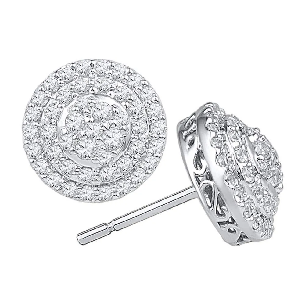 10K White Gold Round Diamond Concentric Circle Layered Cluster Earrings 3/4 Cttw