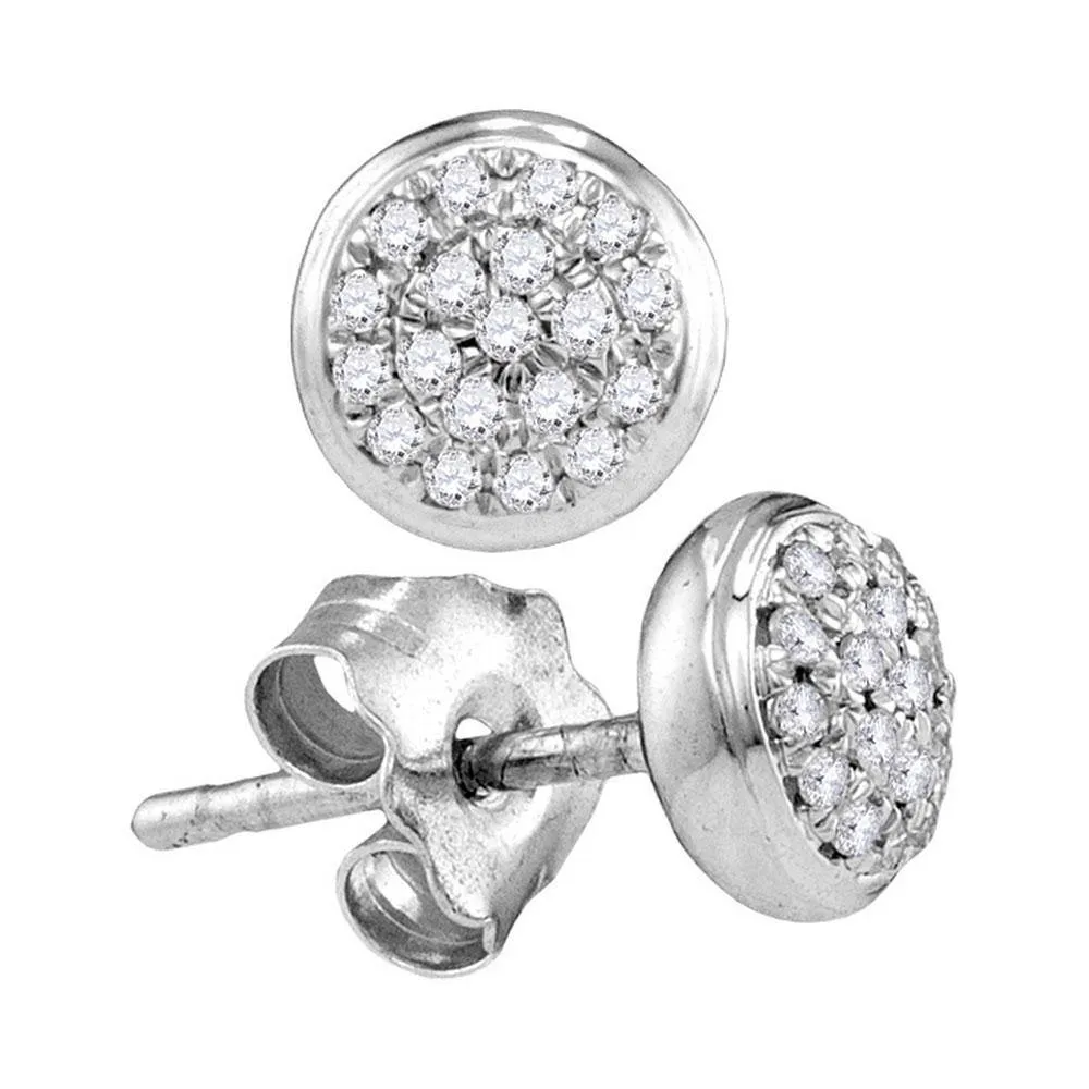 10K White Gold Round Diamond Concentric Cluster Screwback Earrings 1/10 Cttw