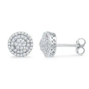 10K White Gold Round Diamond Concentric Cluster Screwback Earrings 1/2 Cttw