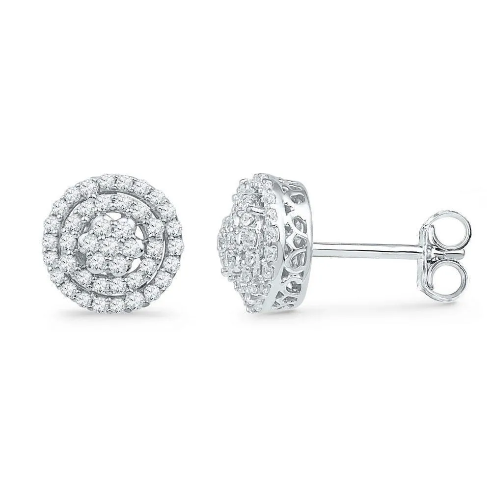 10K White Gold Round Diamond Concentric Cluster Screwback Earrings 1/2 Cttw