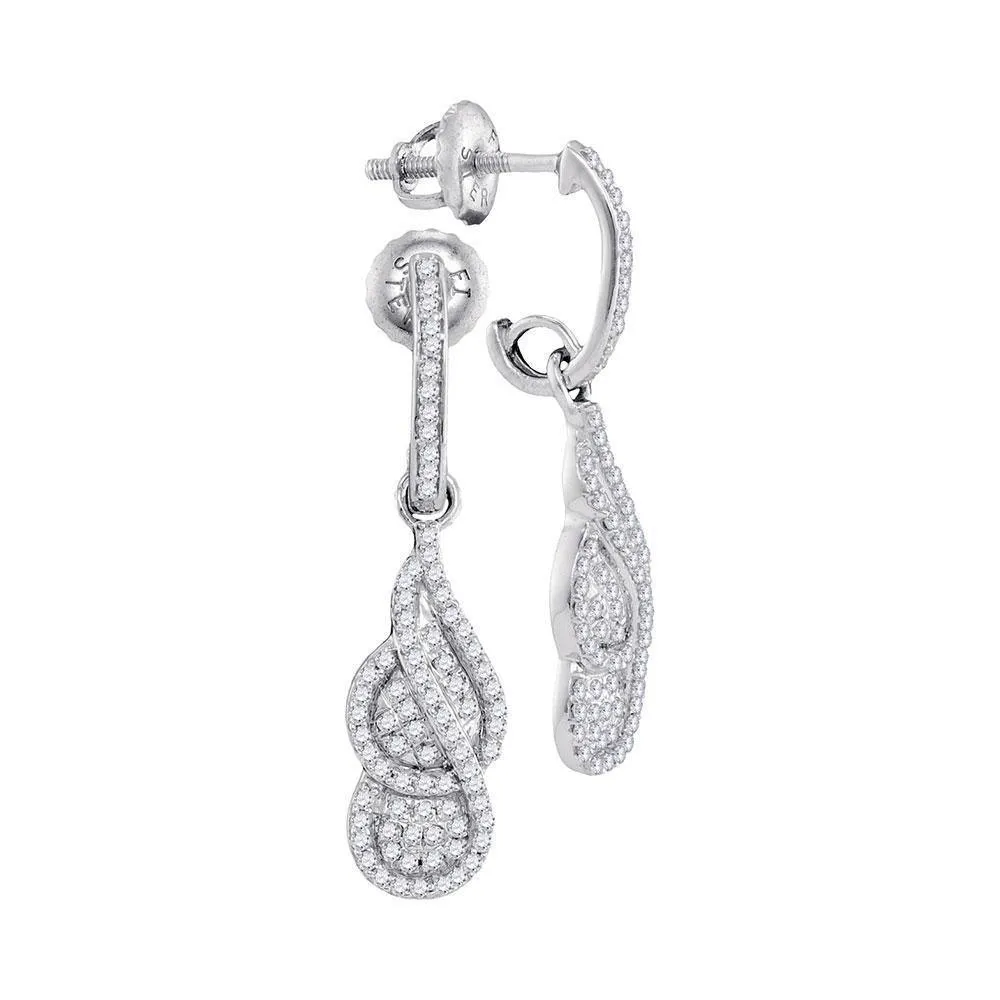 10K White Gold Round Diamond Dangle Cluster Screwback Earrings 3/8 Cttw