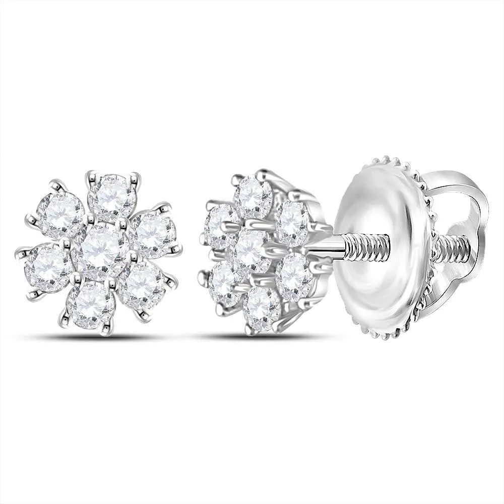 10K White Gold Round Diamond Flower Cluster Burst Earrings 1/8 Cttw