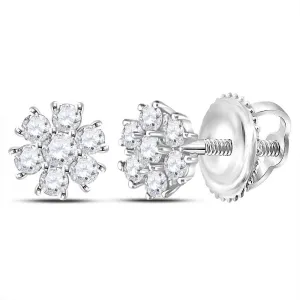 10K White Gold Round Diamond Flower Cluster Burst Earrings 1/8 Cttw