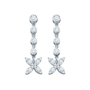 10K White Gold Round Diamond Flower Cluster Dangle Earrings 3/4 Cttw