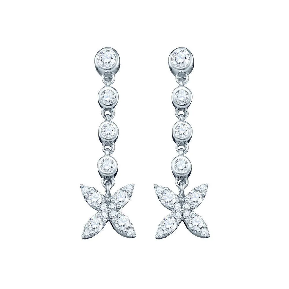 10K White Gold Round Diamond Flower Cluster Dangle Earrings 3/4 Cttw