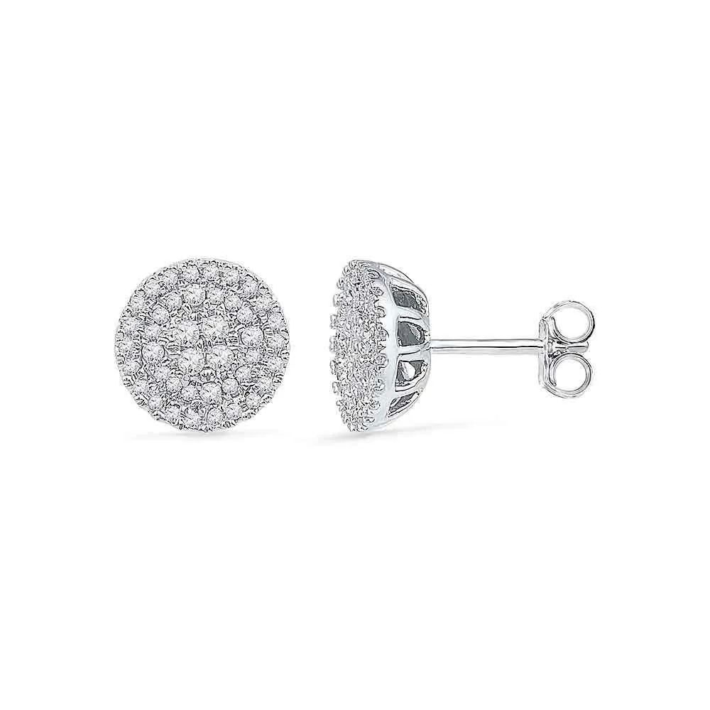 10K White Gold Round Diamond Flower Cluster Earrings 1/2 Cttw