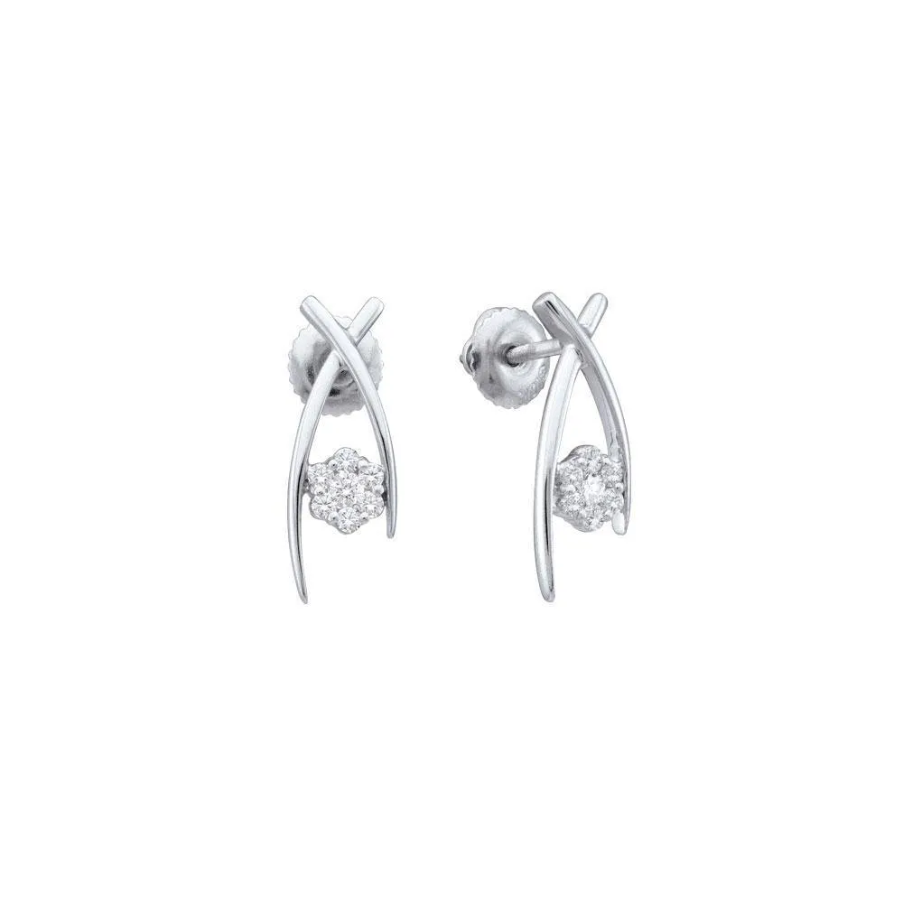 10K White Gold Round Diamond Flower Cluster Screwback Earrings 1/4 Cttw