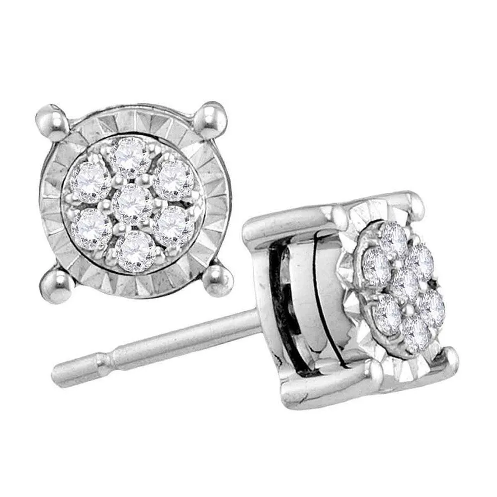 10K White Gold Round Diamond Flower Cluster Screwback Earrings 1/8 Cttw