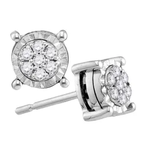 10K White Gold Round Diamond Flower Cluster Screwback Earrings 1/8 Cttw