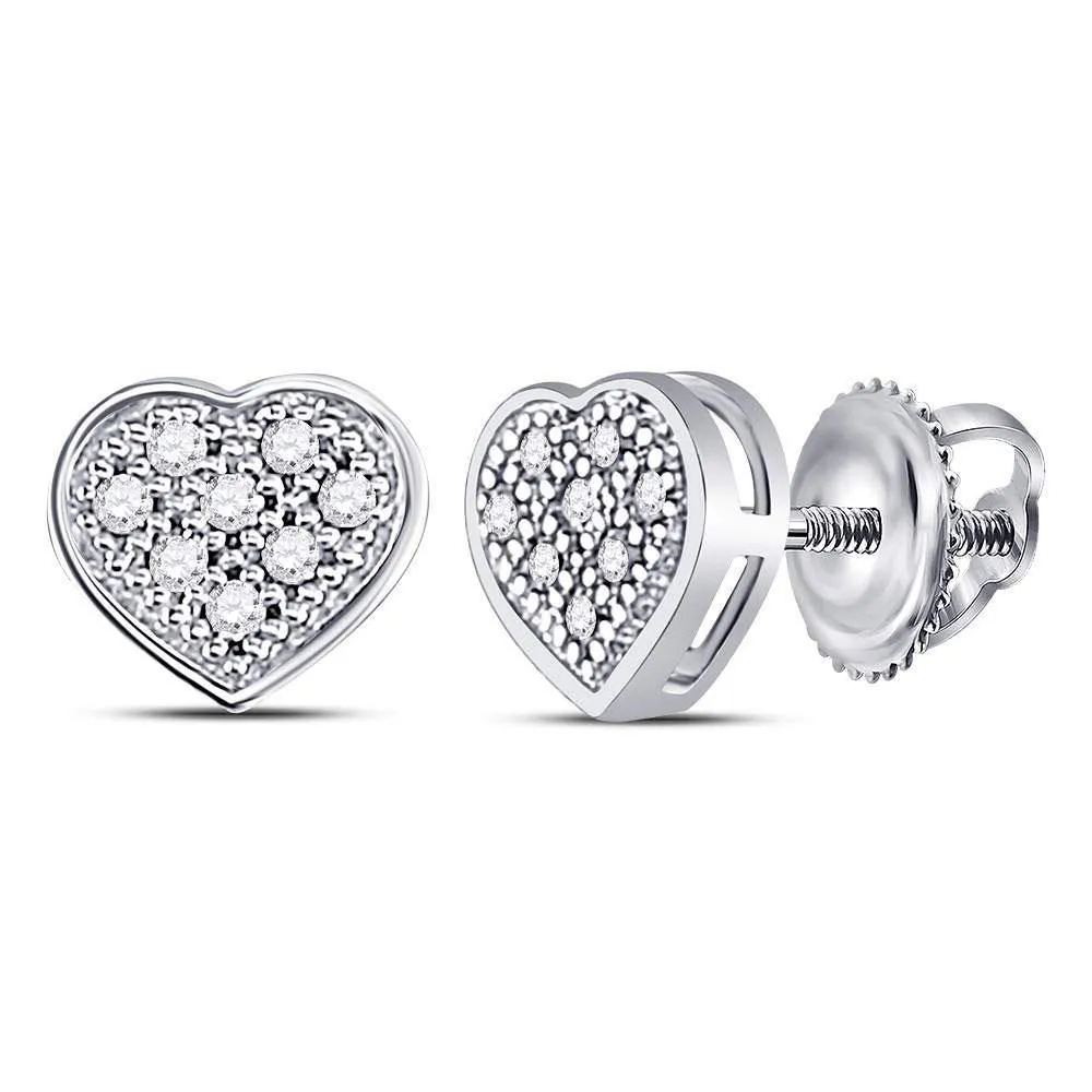 10K White Gold Round Diamond Heart Cluster Screwback Earrings 1/20 Cttw