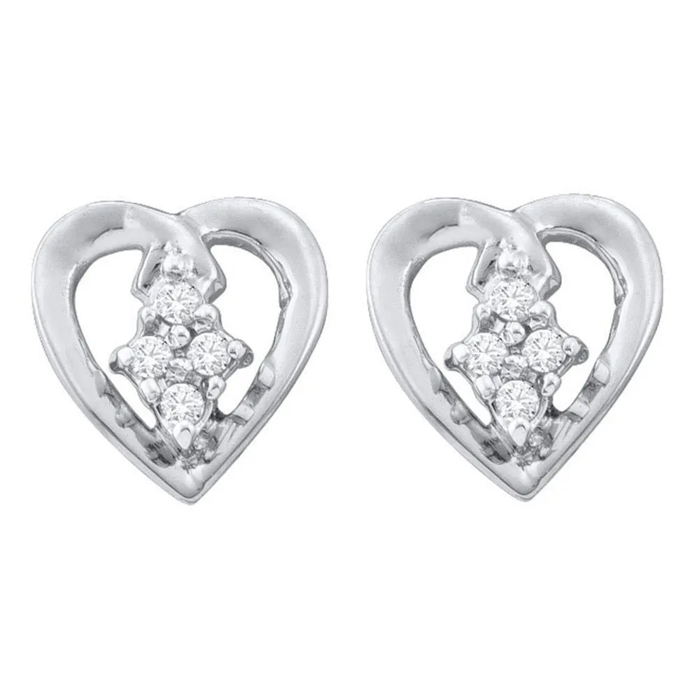 10K White Gold Round Diamond Heart Cluster Stud Earrings 1/12 Cttw