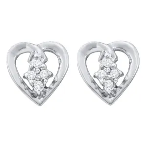 10K White Gold Round Diamond Heart Cluster Stud Earrings 1/12 Cttw