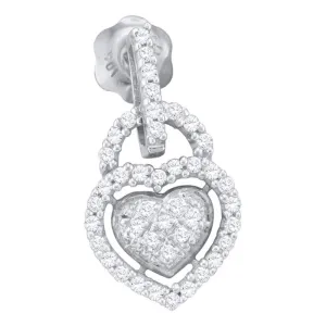 10K White Gold Round Diamond Heart Frame Cluster Dangle Earrings 1/3 Cttw