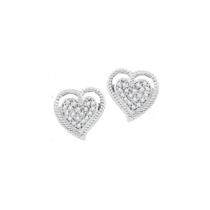 10K White Gold Round Diamond Rope Heart Cluster Earrings 1/10 Cttw