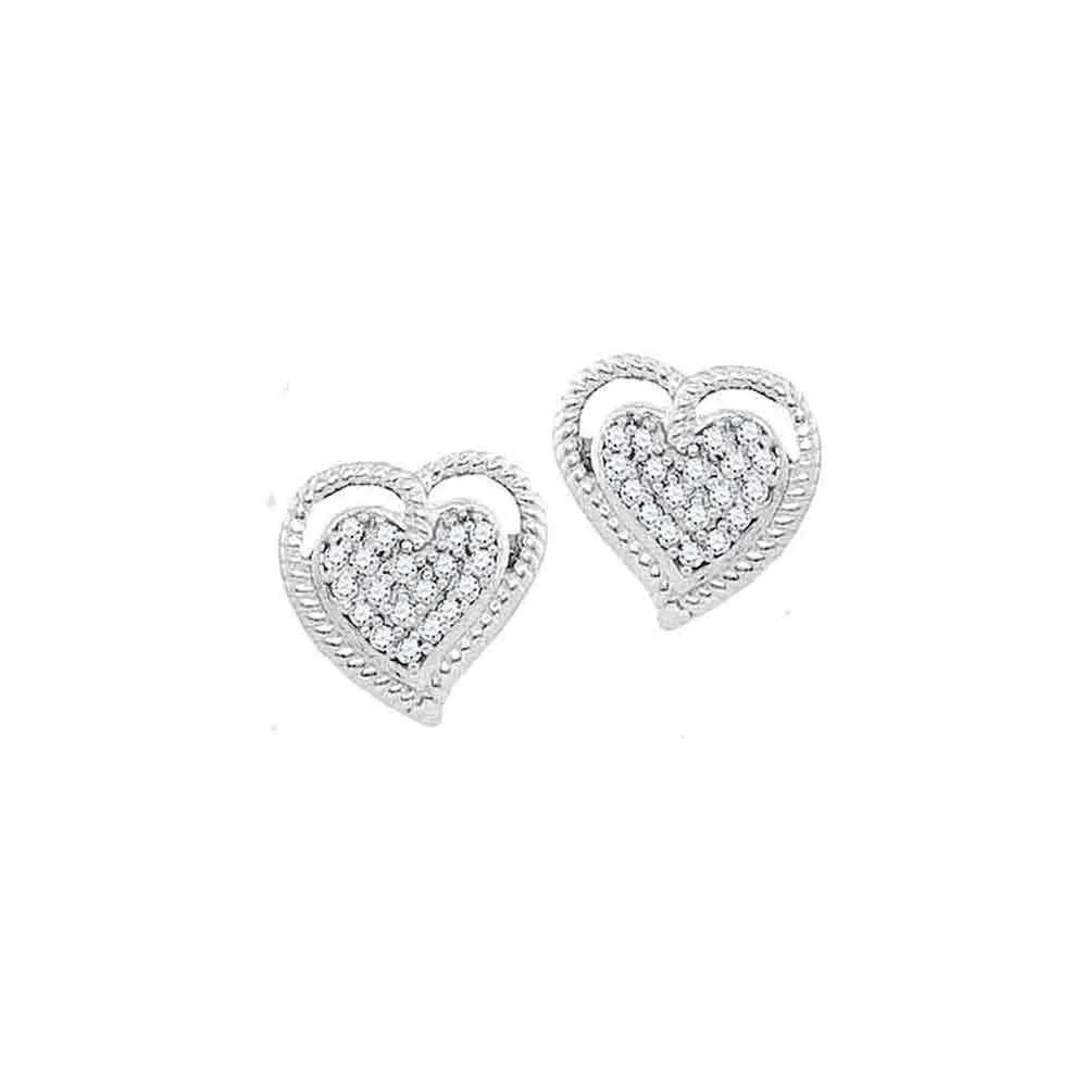 10K White Gold Round Diamond Rope Heart Cluster Earrings 1/10 Cttw