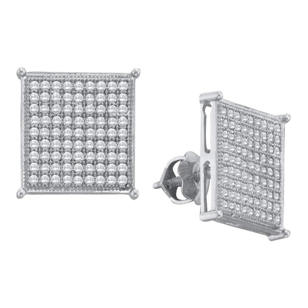 10K White Gold Round Diamond Square Cluster Screwback Earrings 1/2 Cttw